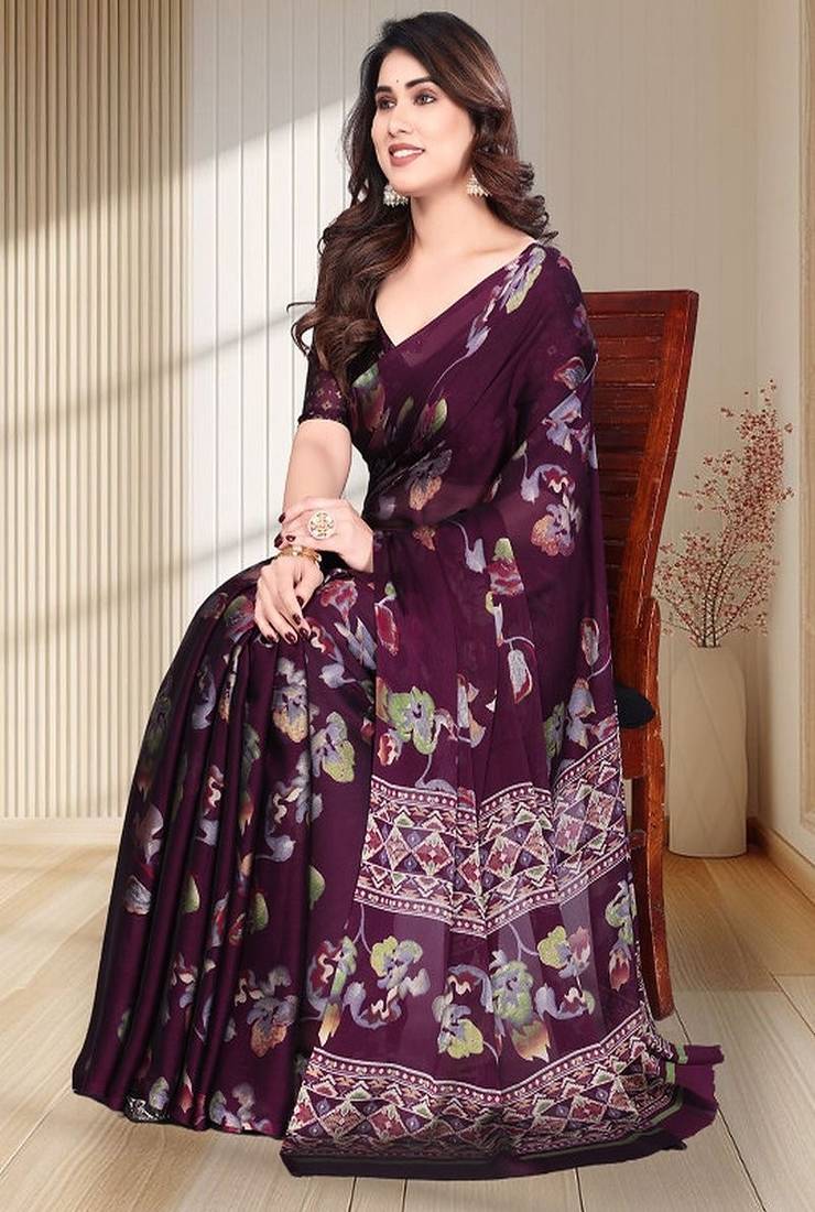 Floral  printed pure chiffon saree
