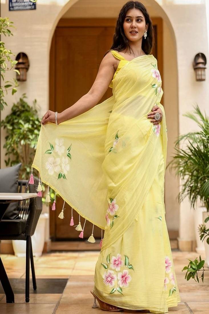 Floral linen blend saree