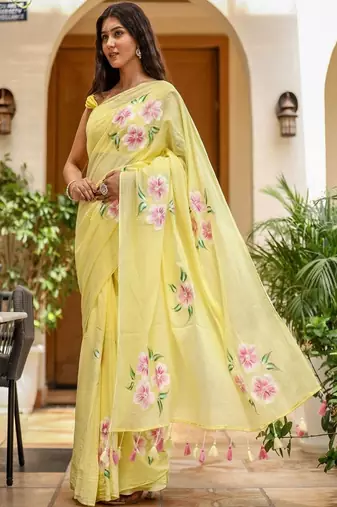 Floral linen blend saree