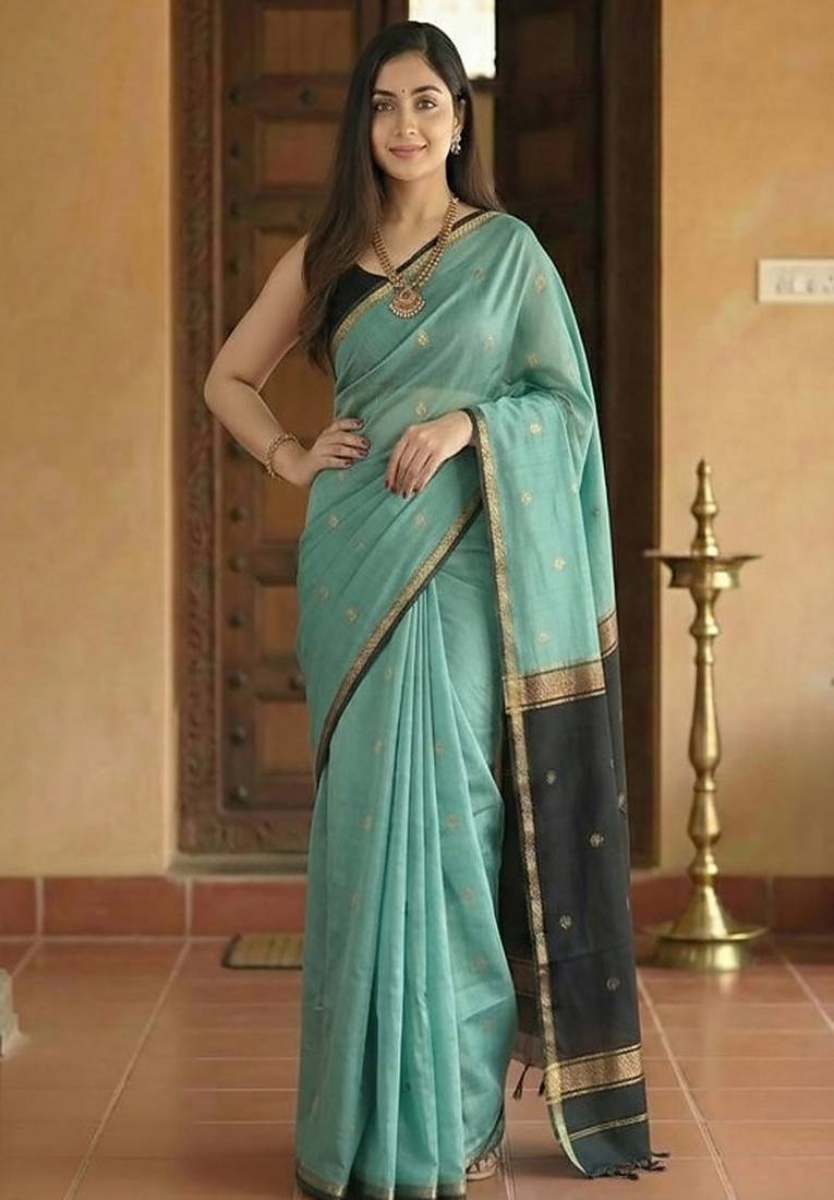 Woven blue designer banarasi cotton saree