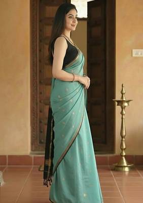 Woven blue designer banarasi cotton saree 2