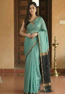 Woven blue designer banarasi cotton saree 4
