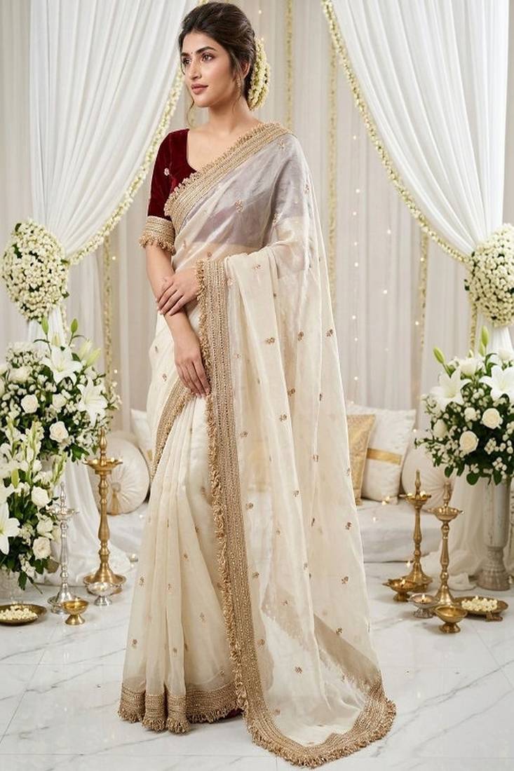Satin heavy work saree