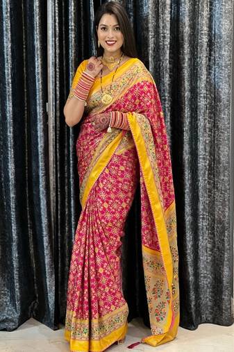 Women floral mirror work pashmina patola saree