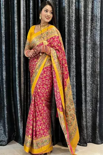 Women floral mirror work pashmina patola saree
