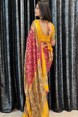 Women floral mirror work pashmina patola saree 4
