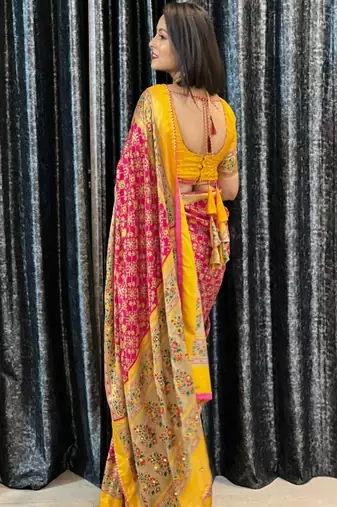 Women floral mirror work pashmina patola saree