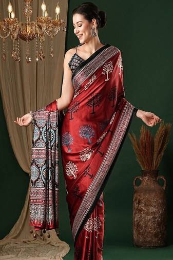 Ethnic motifs ajrak pure crepe saree