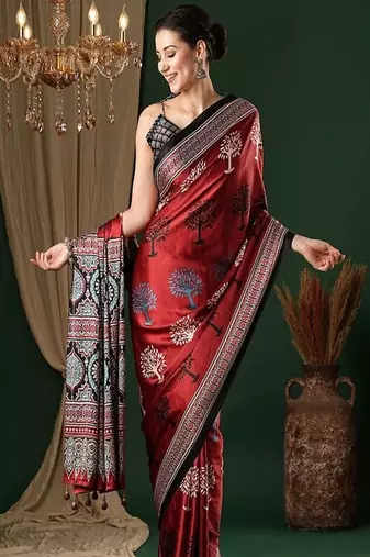 Ethnic motifs ajrak pure crepe saree