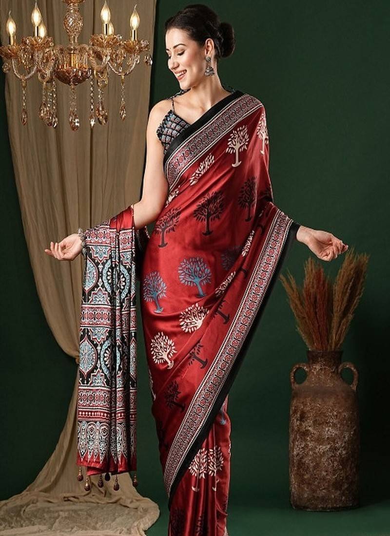 Ethnic motifs ajrak pure crepe saree