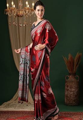 Ethnic motifs ajrak pure crepe saree 2