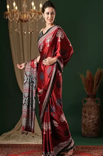 Ethnic motifs ajrak pure crepe saree