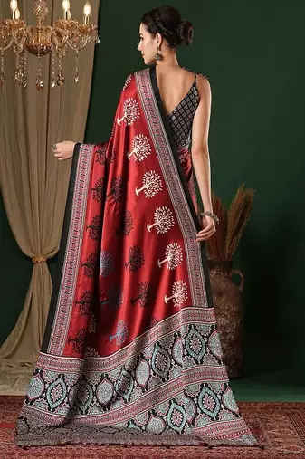 Ethnic motifs ajrak pure crepe saree