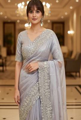 Embellished embroidered net heavy work saree 4