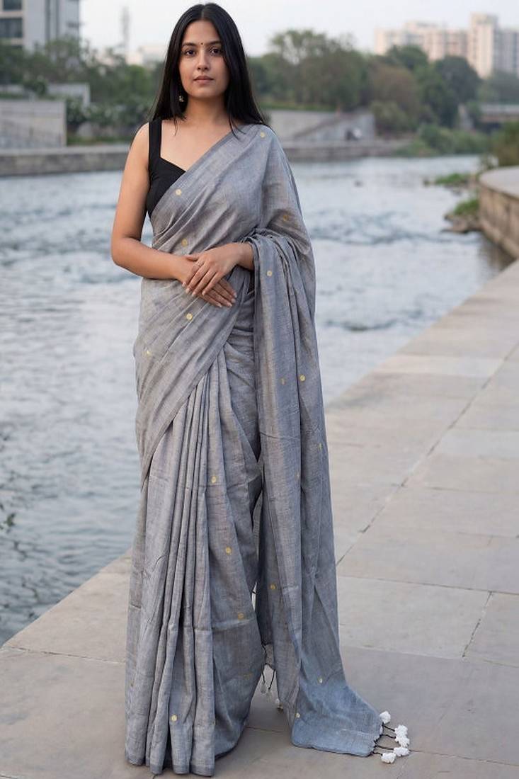 Woven design sequinned pure cotton khadi saree