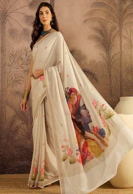 Women floral printed zari border saree with unstitched saree blouse 2