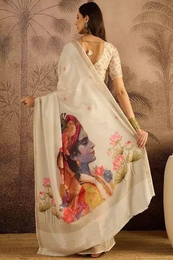 Women floral printed zari border saree with unstitched saree blouse