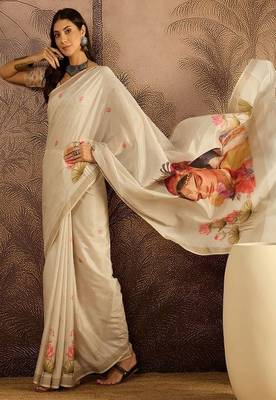 Women floral printed zari border saree with unstitched saree blouse 4