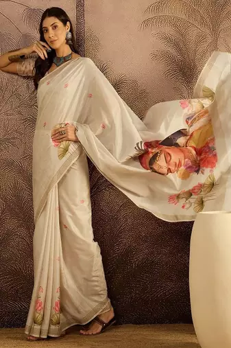 Women floral printed zari border saree with unstitched saree blouse
