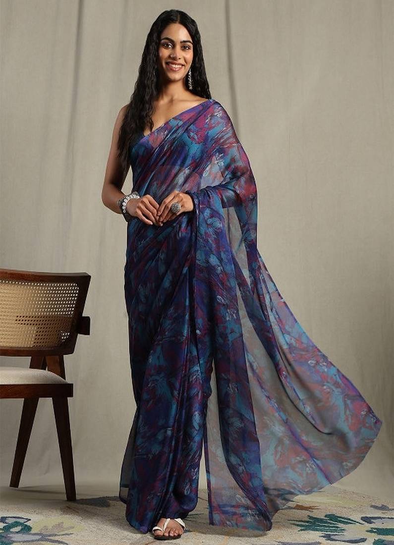 Abstract printed pure chiffon saree