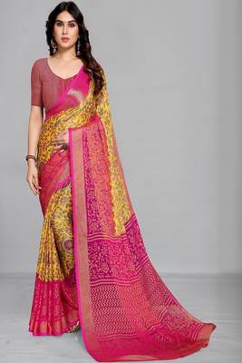 Printed saree with zari border & unstitched blouse 1