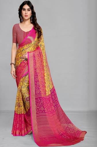 Printed saree with zari border & unstitched blouse