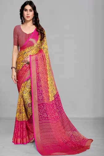 Printed saree with zari border & unstitched blouse
