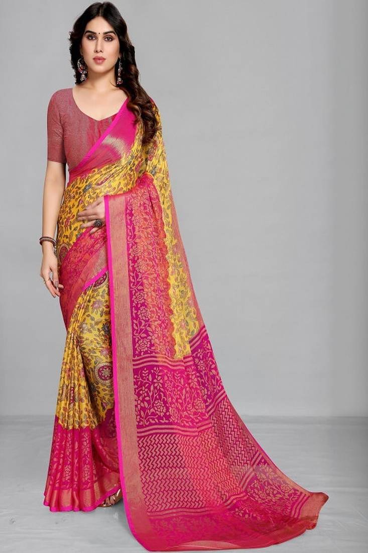 Printed saree with zari border & unstitched blouse