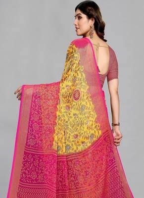 Printed saree with zari border & unstitched blouse 3