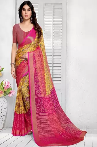 Printed saree with zari border & unstitched blouse