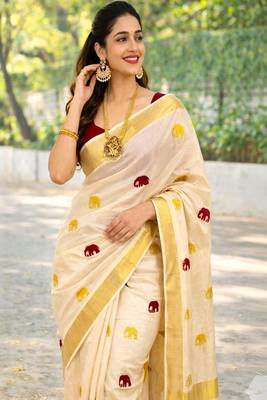Maroon golden gaja embroidery kasavu tissue running blouse sarees 1