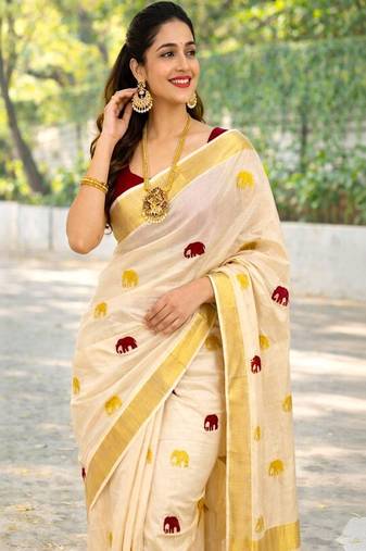 Maroon golden gaja embroidery kasavu tissue running blouse sarees