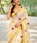 Maroon golden gaja embroidery kasavu tissue running blouse sarees