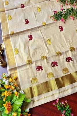 Maroon golden gaja embroidery kasavu tissue running blouse sarees 2