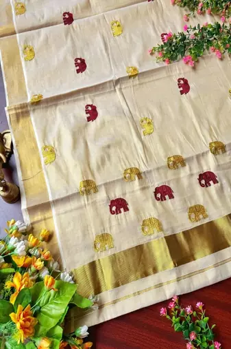 Maroon golden gaja embroidery kasavu tissue running blouse sarees