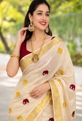 Maroon golden gaja embroidery kasavu tissue running blouse sarees 3