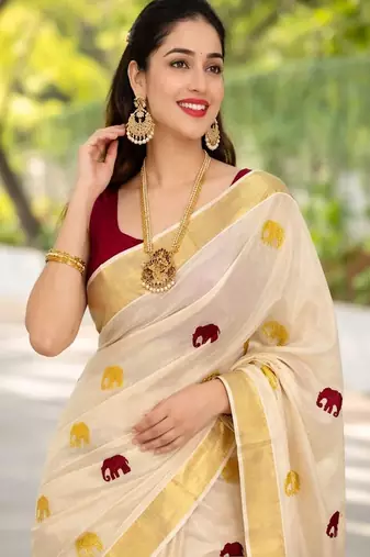 Maroon golden gaja embroidery kasavu tissue running blouse sarees