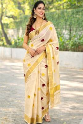 Maroon golden gaja embroidery kasavu tissue running blouse sarees 4
