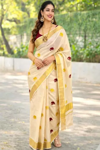 Maroon golden gaja embroidery kasavu tissue running blouse sarees