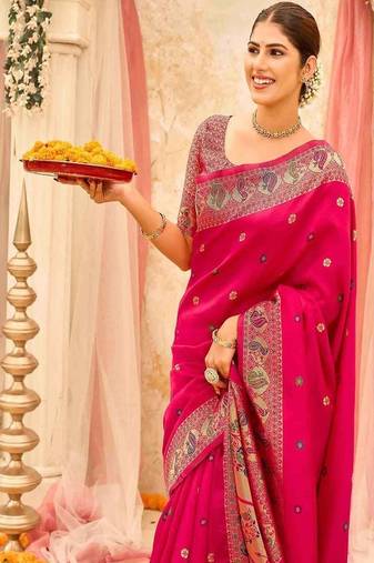 Ethnic motifs zari silk blend heavy work saree