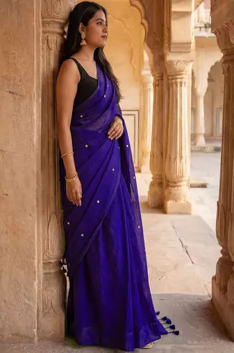 Embellished beads and stones pure cotton khadi saree