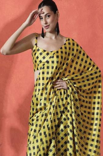 Ready to wear satin checked digital printed saree