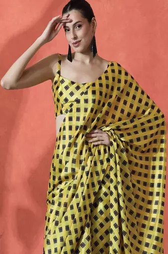 Ready to wear satin checked digital printed saree