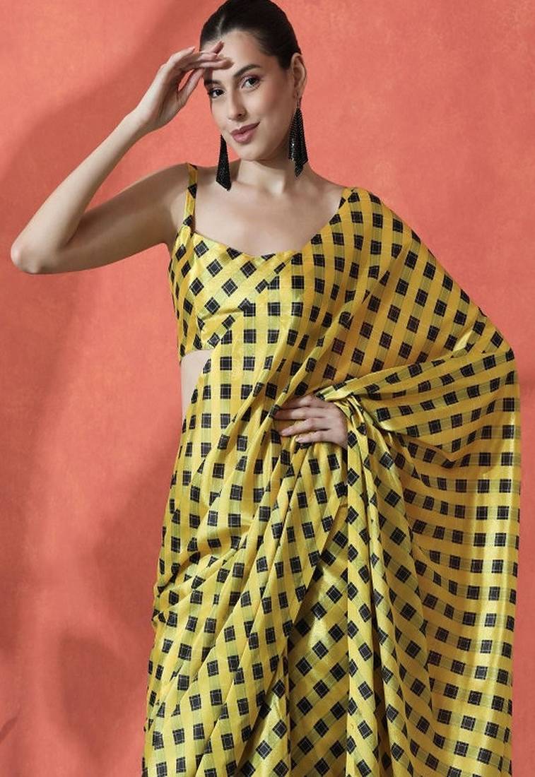 Ready to wear satin checked digital printed saree