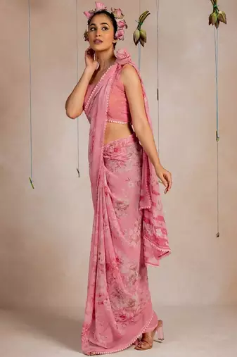 Floral printed embroidered pastels saree