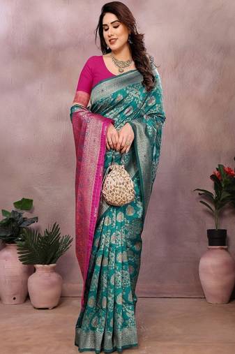 Woven design saree with zari border & unstitched blouse