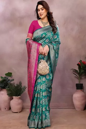 Woven design saree with zari border & unstitched blouse