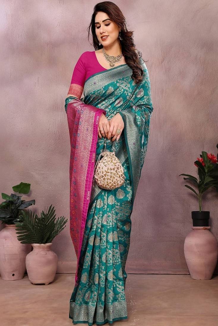 Woven design saree with zari border & unstitched blouse