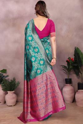Woven design saree with zari border & unstitched blouse 2