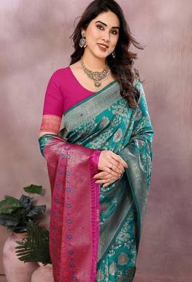 Woven design saree with zari border & unstitched blouse 4